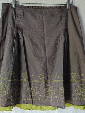 SIGRID OLSEN 100% Cotton Beaded A-line Skirt Gray Green Size 12 Embroidered